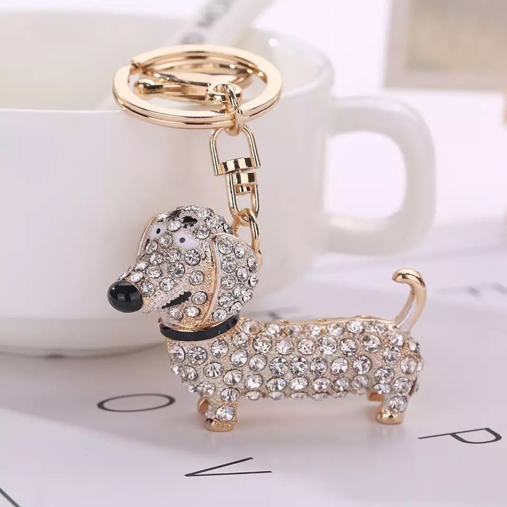 Silver Crystal Hot Dog Puppy Keychain Charm - Picture 1 of 14
